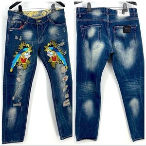 SoSoo Parrot Patch Distressed Denim Jeans | Size 36/33 | Statement Embroidery